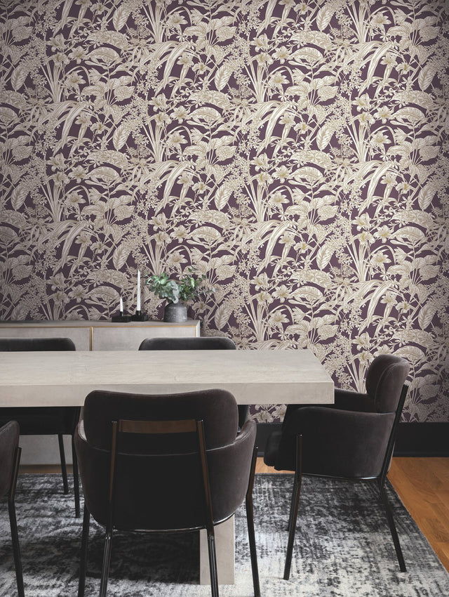 Orchid Conservatory Toile Mulberry Wallpaper with Metallic Tropical Toile Pattern - York RT7881