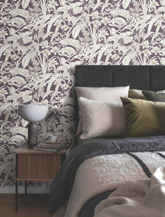 Orchid Conservatory Toile Mulberry Wallpaper with Metallic Tropical Toile Pattern - York RT7881
