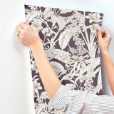 Orchid Conservatory Toile Mulberry Wallpaper with Metallic Tropical Toile Pattern - York RT7881