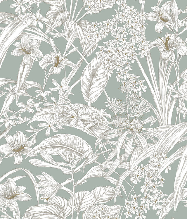 Orchid Conservatory Toile Seamist & Taupe Wallpaper with Metallic Tropical Toile - York RT7882