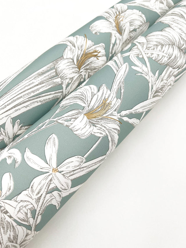 Orchid Conservatory Toile Seamist & Taupe Wallpaper with Metallic Tropical Toile - York RT7882