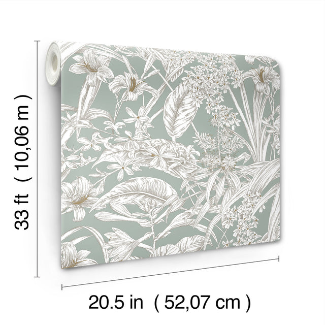 Orchid Conservatory Toile Seamist & Taupe Wallpaper with Metallic Tropical Toile - York RT7882