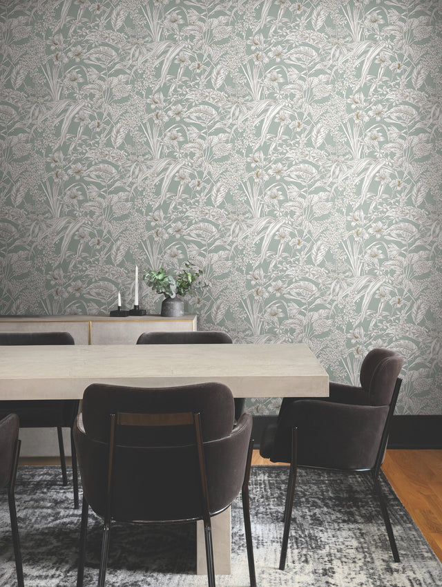 Orchid Conservatory Toile Seamist & Taupe Wallpaper with Metallic Tropical Toile - York RT7882