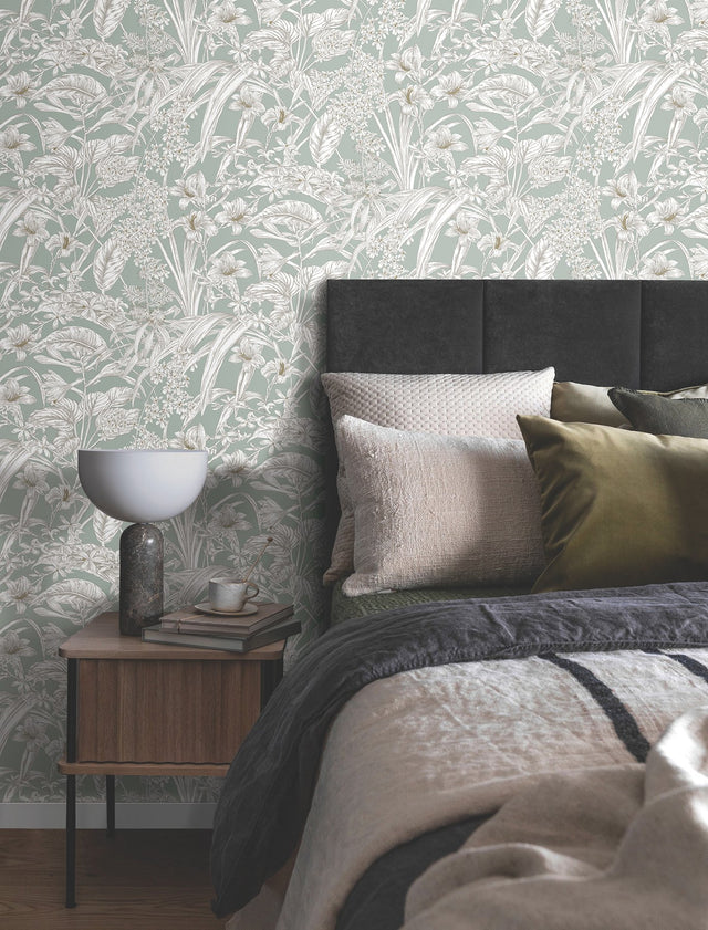 Orchid Conservatory Toile Seamist & Taupe Wallpaper with Metallic Tropical Toile - York RT7882
