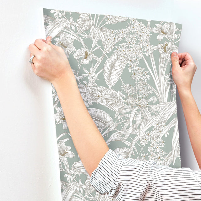 Orchid Conservatory Toile Seamist & Taupe Wallpaper with Metallic Tropical Toile - York RT7882
