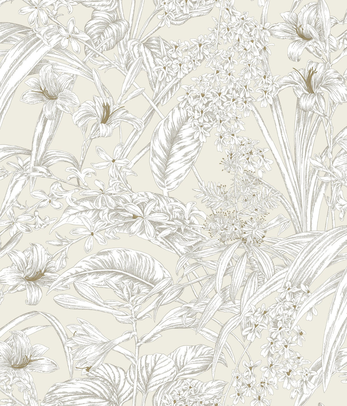 Orchid Conservatory Toile Beige & Taupe Wallpaper with Metallic Tropical Toile Pattern - York RT7883