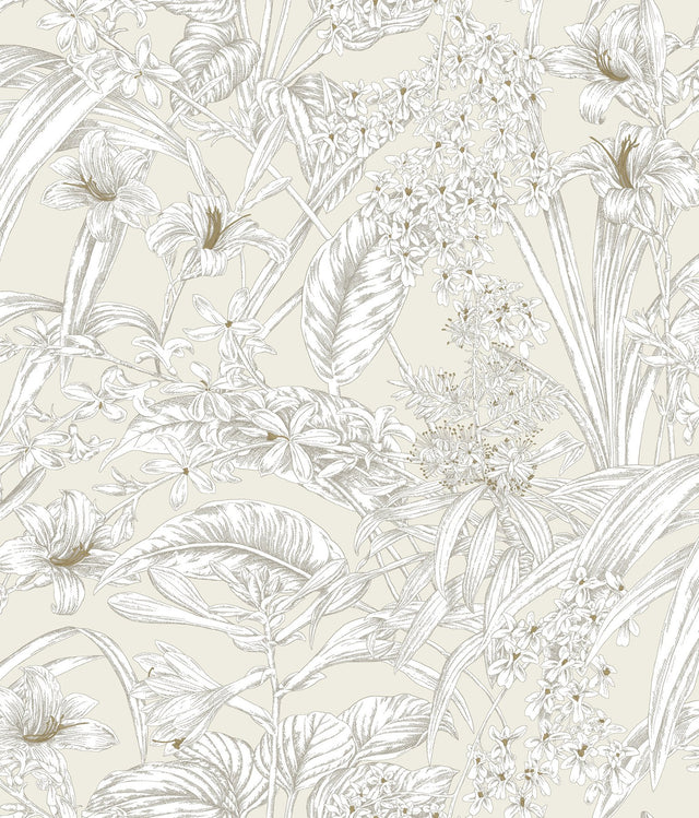Orchid Conservatory Toile Beige & Taupe Wallpaper with Metallic Tropical Toile Pattern - York RT7883