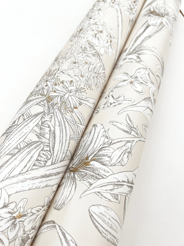 Orchid Conservatory Toile Beige & Taupe Wallpaper with Metallic Tropical Toile Pattern - York RT7883