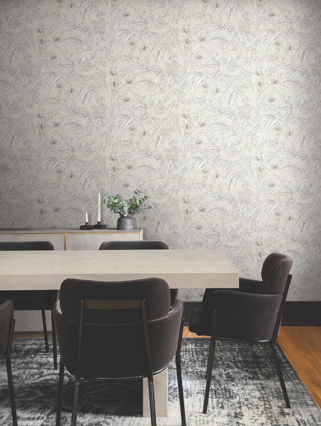 Orchid Conservatory Toile Beige & Taupe Wallpaper with Metallic Tropical Toile Pattern - York RT7883