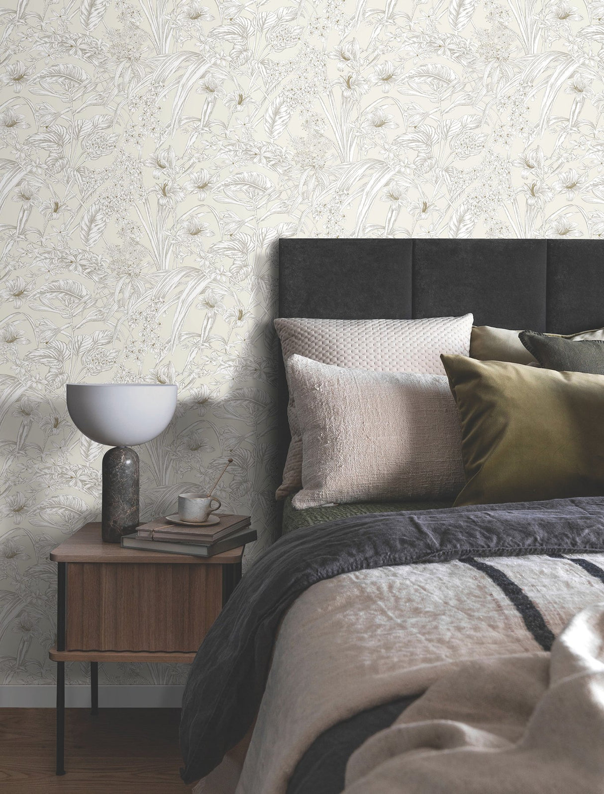 Orchid Conservatory Toile Beige & Taupe Wallpaper with Metallic Tropical Toile Pattern - York RT7883