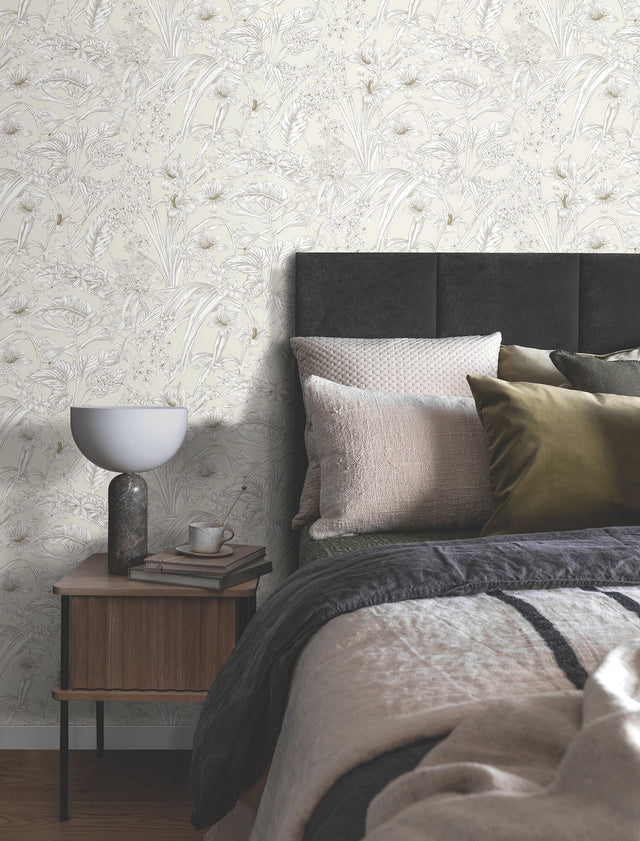 Orchid Conservatory Toile Beige & Taupe Wallpaper with Metallic Tropical Toile Pattern - York RT7883