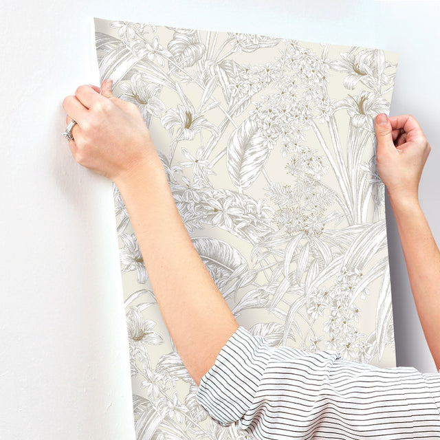 Orchid Conservatory Toile Beige & Taupe Wallpaper with Metallic Tropical Toile Pattern - York RT7883