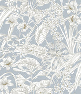 Orchid Conservatory Toile Blue & Taupe Wallpaper with Metallic Tropical Toile Pattern - York RT7884