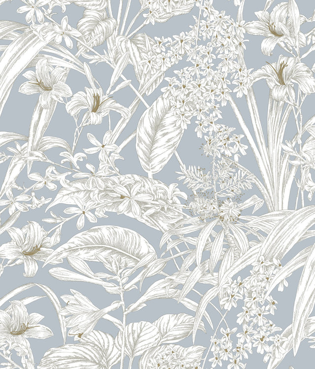 Orchid Conservatory Toile Blue & Taupe Wallpaper with Metallic Tropical Toile Pattern - York RT7884