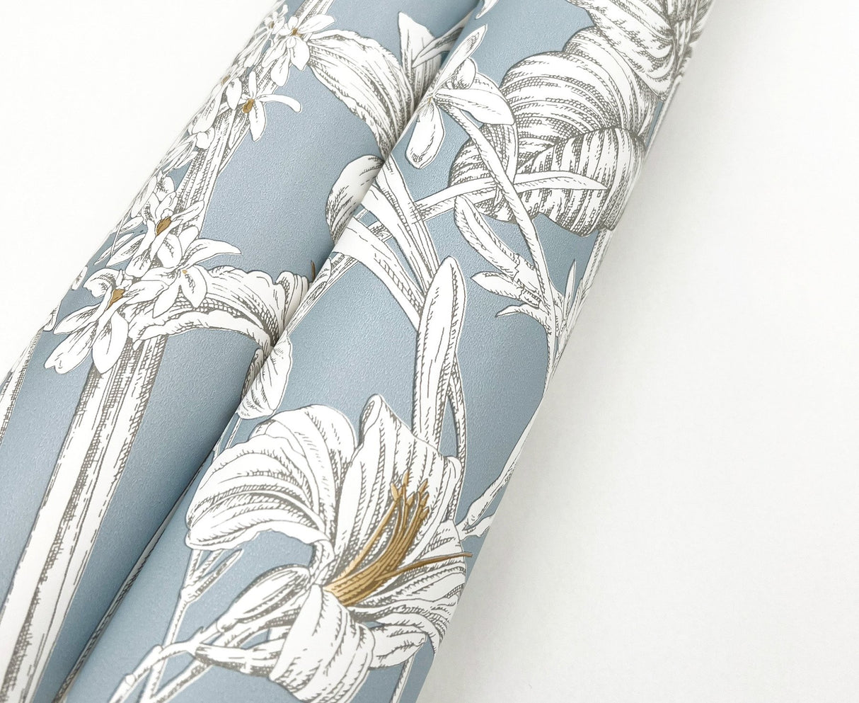 Orchid Conservatory Toile Blue & Taupe Wallpaper with Metallic Tropical Toile Pattern - York RT7884