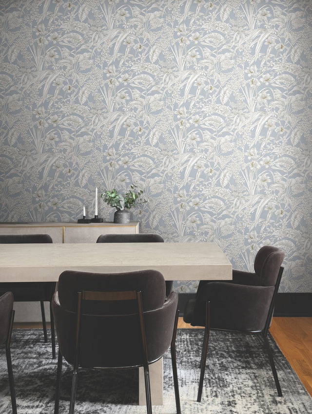 Orchid Conservatory Toile Blue & Taupe Wallpaper with Metallic Tropical Toile Pattern - York RT7884