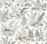 Mushroom Garden Toile Neutral & Gold Wallpaper with Metallic Whimsical Toile Pattern - York RT7892