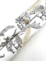 Mushroom Garden Toile Neutral & Gold Wallpaper with Metallic Whimsical Toile Pattern - York RT7892
