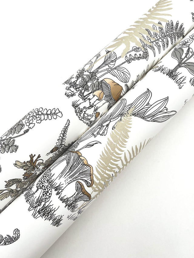 Mushroom Garden Toile Neutral & Gold Wallpaper with Metallic Whimsical Toile Pattern - York RT7892