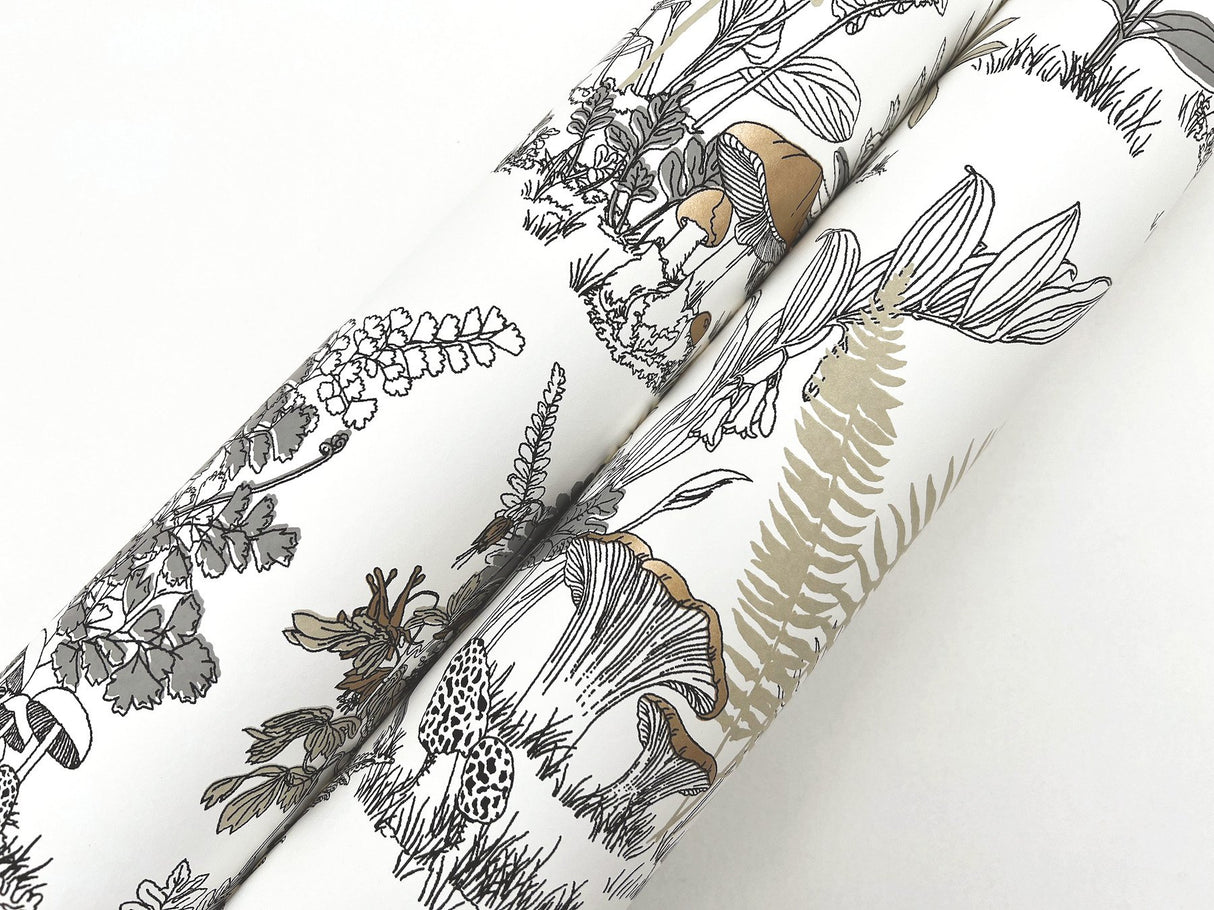Mushroom Garden Toile Neutral & Gold Wallpaper with Metallic Whimsical Toile Pattern - York RT7892
