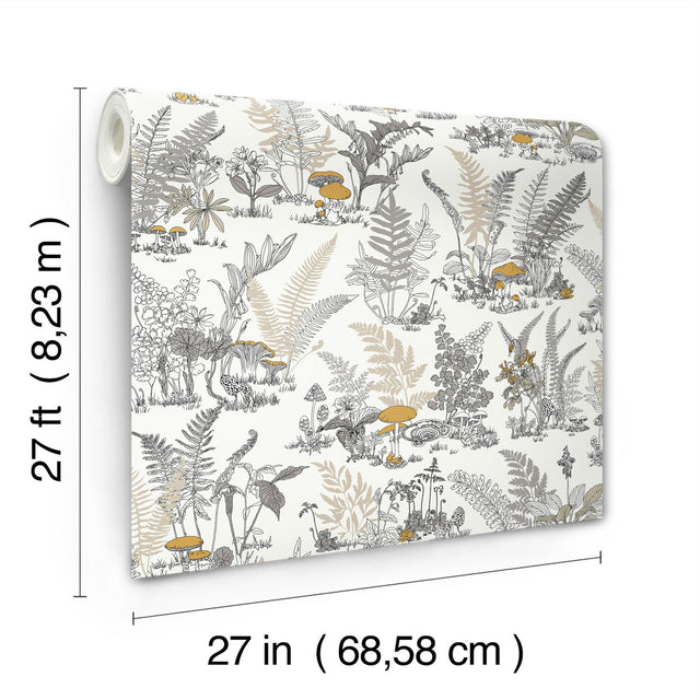 Mushroom Garden Toile Neutral & Gold Wallpaper with Metallic Whimsical Toile Pattern - York RT7892