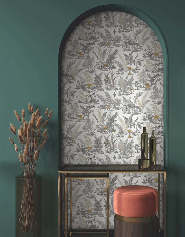 Mushroom Garden Toile Neutral & Gold Wallpaper with Metallic Whimsical Toile Pattern - York RT7892