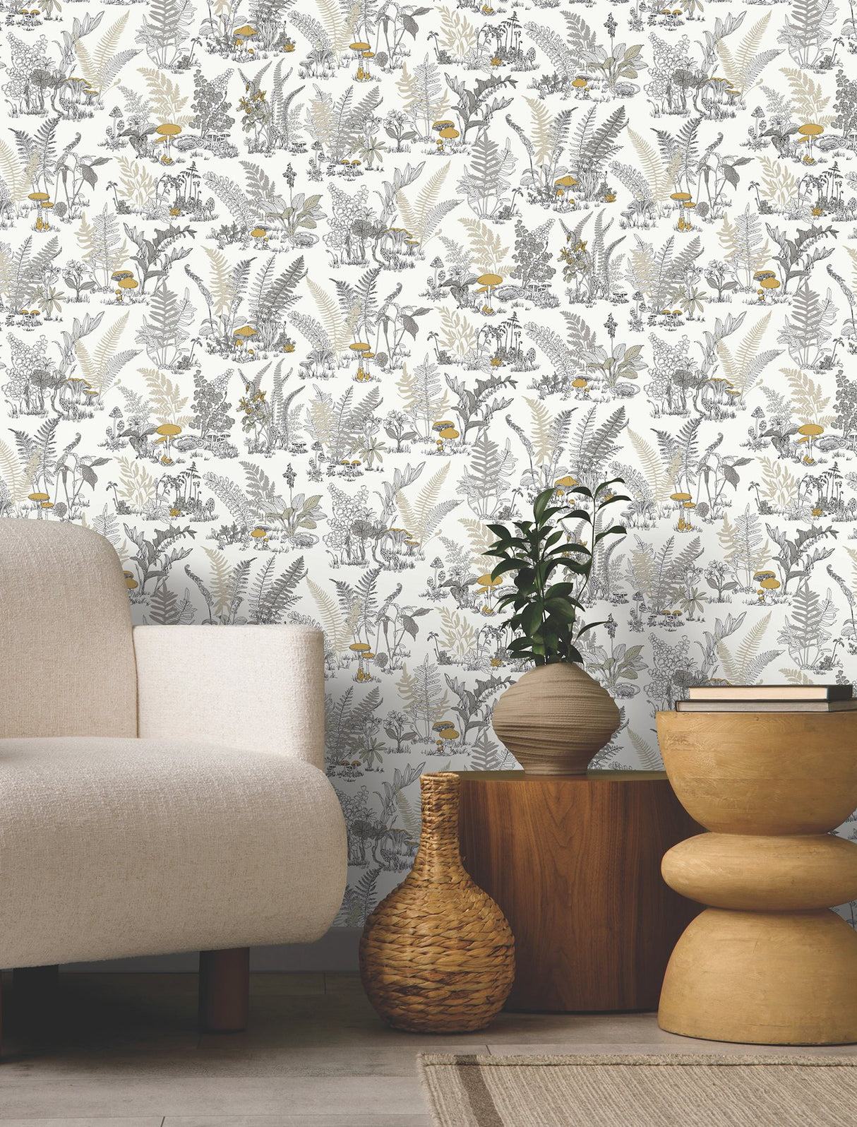 Mushroom Garden Toile Neutral & Gold Wallpaper with Metallic Whimsical Toile Pattern - York RT7892