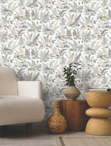 Mushroom Garden Toile Neutral & Gold Wallpaper with Metallic Whimsical Toile Pattern - York RT7892