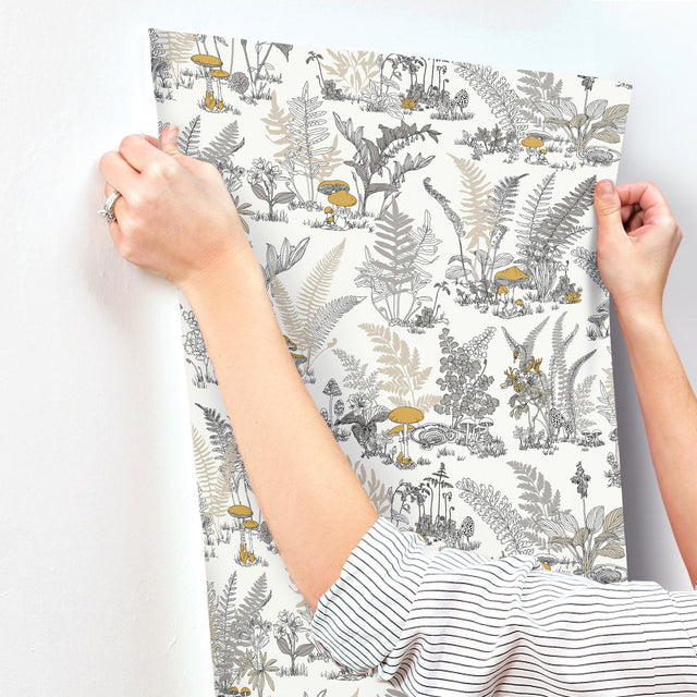 Mushroom Garden Toile Neutral & Gold Wallpaper with Metallic Whimsical Toile Pattern - York RT7892