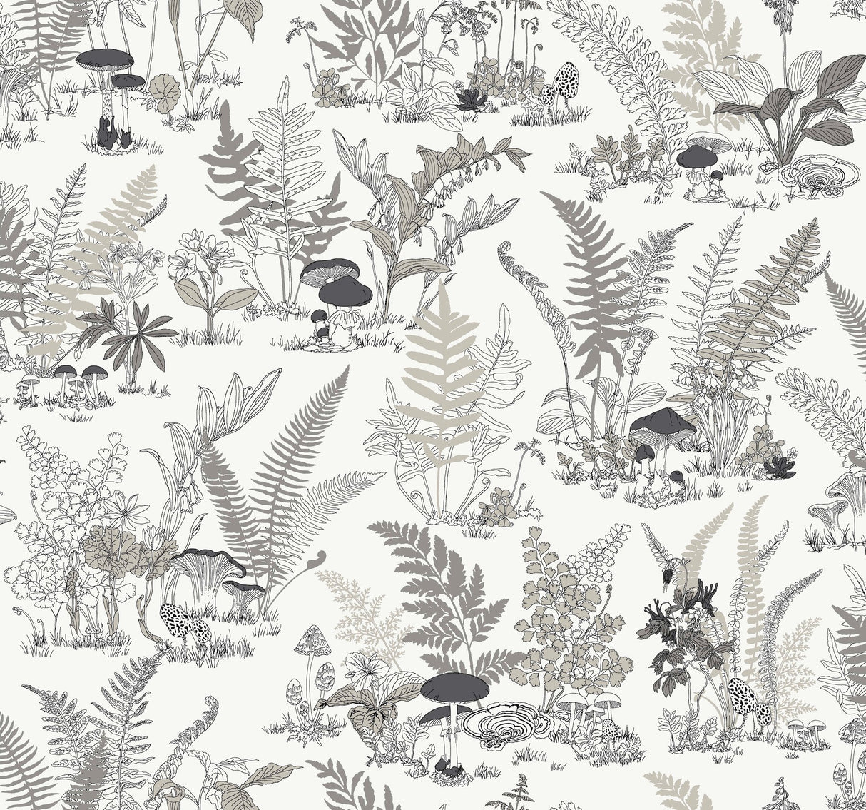 Mushroom Garden Toile Black & Grey Wallpaper with Whimsical Botanical Toile Pattern - York RT7893