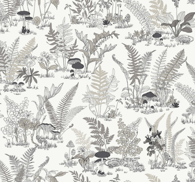 Mushroom Garden Toile Black & Grey Wallpaper with Whimsical Botanical Toile Pattern - York RT7893