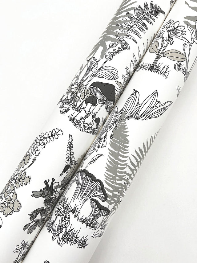 Mushroom Garden Toile Black & Grey Wallpaper with Whimsical Botanical Toile Pattern - York RT7893