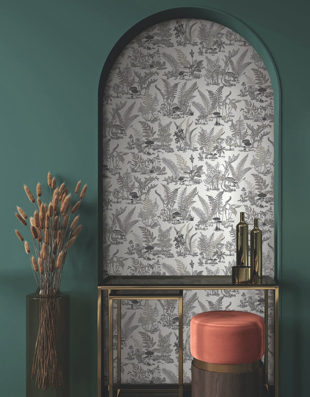 Mushroom Garden Toile Black & Grey Wallpaper with Whimsical Botanical Toile Pattern - York RT7893