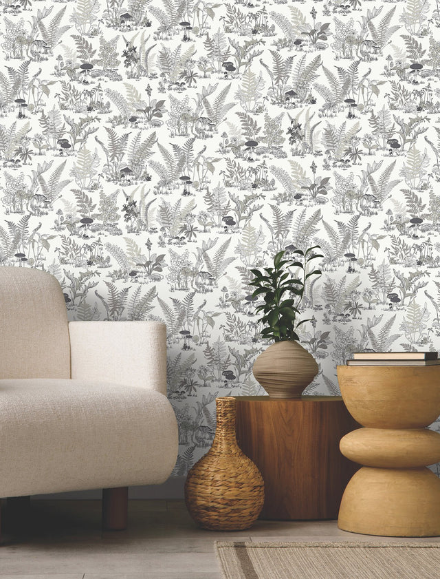 Mushroom Garden Toile Black & Grey Wallpaper with Whimsical Botanical Toile Pattern - York RT7893