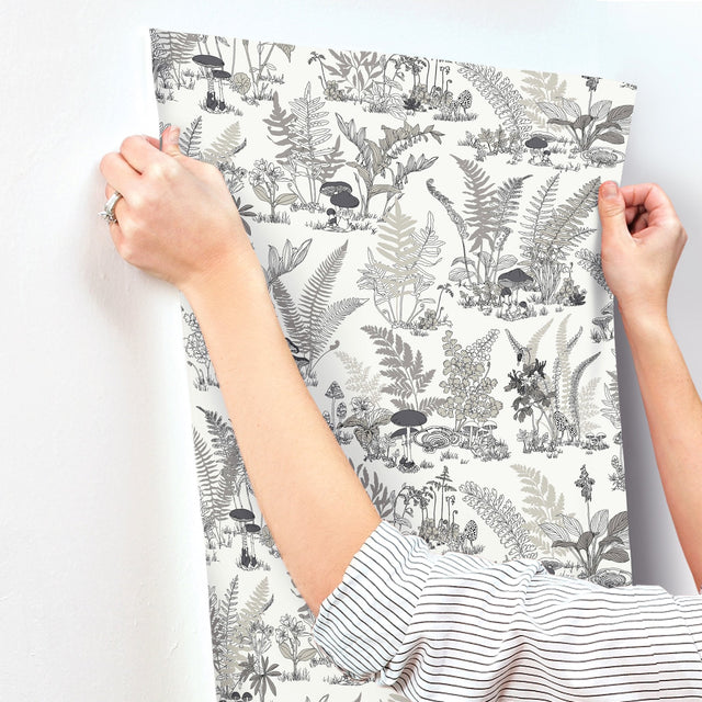 Mushroom Garden Toile Black & Grey Wallpaper with Whimsical Botanical Toile Pattern - York RT7893