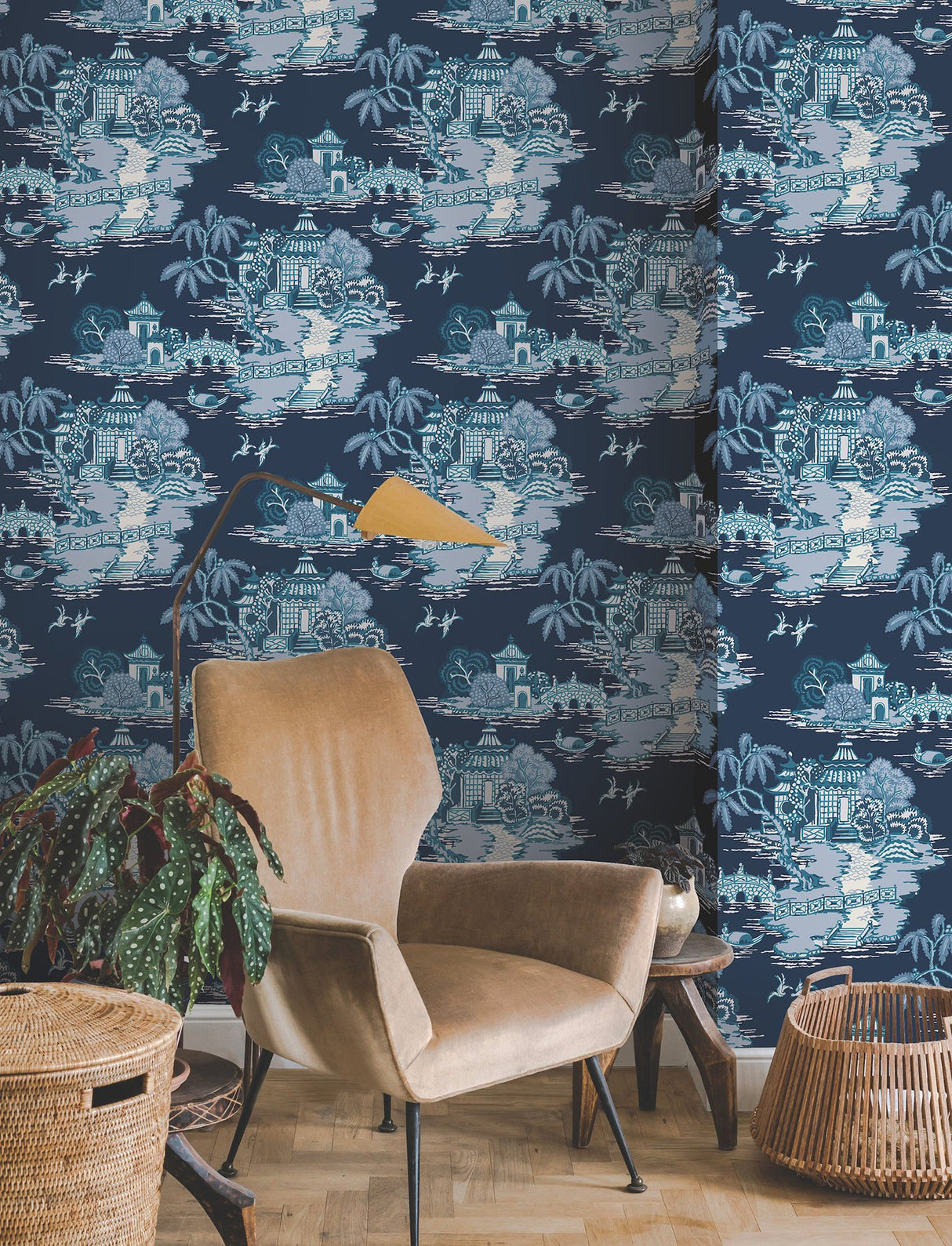 Pagoda And Sampan Scenic Navy Toile Non Woven Wallpaper, Modern Style - York RT7901