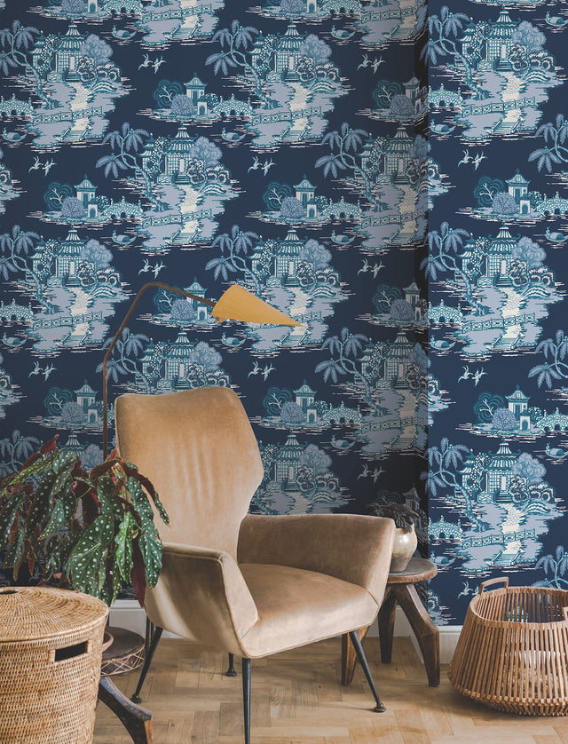 Pagoda And Sampan Scenic Navy Toile Non Woven Wallpaper, Modern Style - York RT7901