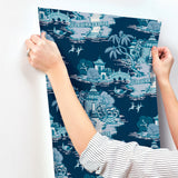 Pagoda And Sampan Scenic Navy Toile Non Woven Wallpaper, Modern Style - York RT7901