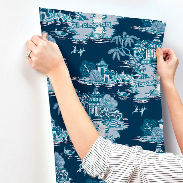 Pagoda And Sampan Scenic Navy Toile Non Woven Wallpaper, Modern Style - York RT7901