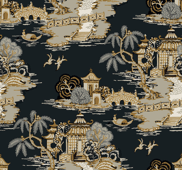 Pagoda And Sampan Scenic Black Wallpaper with Metallic Toile Motif - York RT7902