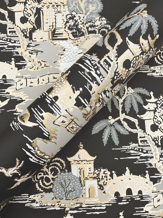 Pagoda And Sampan Scenic Black Wallpaper with Metallic Toile Motif - York RT7902
