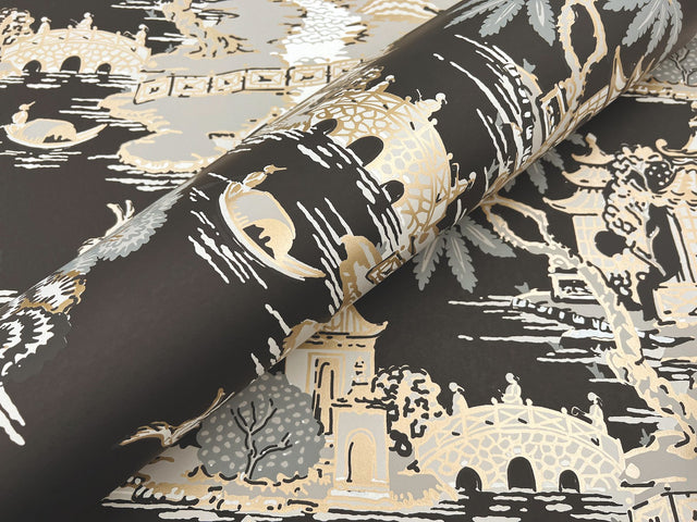 Pagoda And Sampan Scenic Black Wallpaper with Metallic Toile Motif - York RT7902
