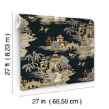 Pagoda And Sampan Scenic Black Wallpaper with Metallic Toile Motif - York RT7902