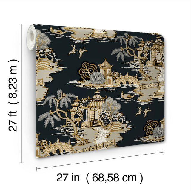 Pagoda And Sampan Scenic Black Wallpaper with Metallic Toile Motif - York RT7902