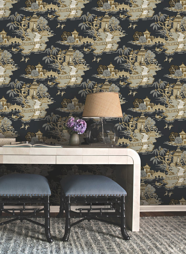 Pagoda And Sampan Scenic Black Wallpaper with Metallic Toile Motif - York RT7902