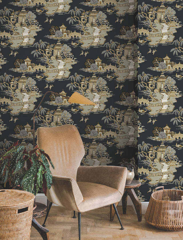 Pagoda And Sampan Scenic Black Wallpaper with Metallic Toile Motif - York RT7902