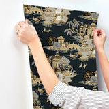 Pagoda And Sampan Scenic Black Wallpaper with Metallic Toile Motif - York RT7902