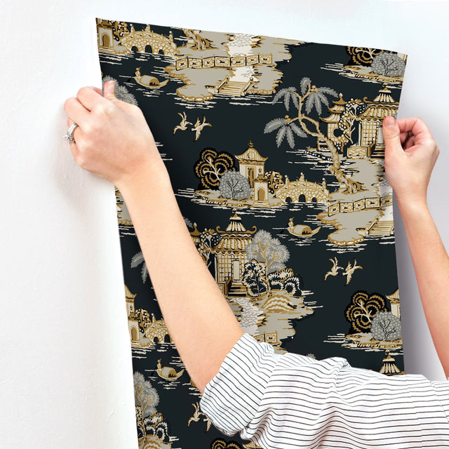 Pagoda And Sampan Scenic Black Wallpaper with Metallic Toile Motif - York RT7902