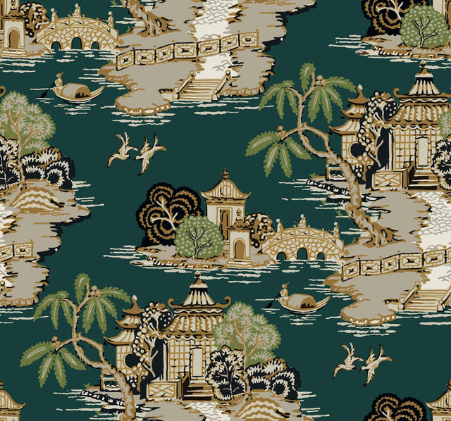 Pagoda And Sampan Scenic Forest Wallpaper with Metallic Toile Pattern, Modern Non Woven - York RT7903