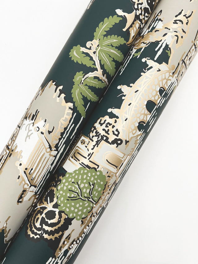 Pagoda And Sampan Scenic Forest Wallpaper with Metallic Toile Pattern, Modern Non Woven - York RT7903